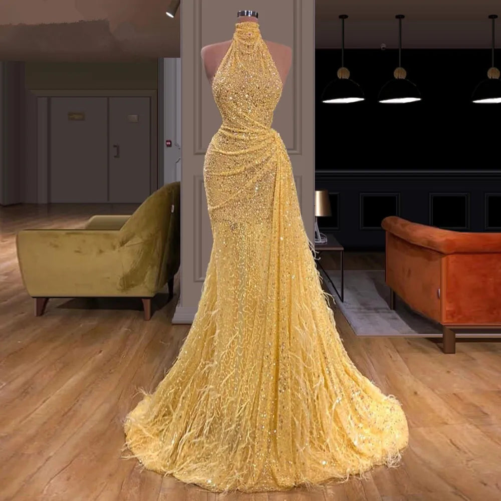 Sparkling Gold Halter Neck Floor-length Gown on Luulla
