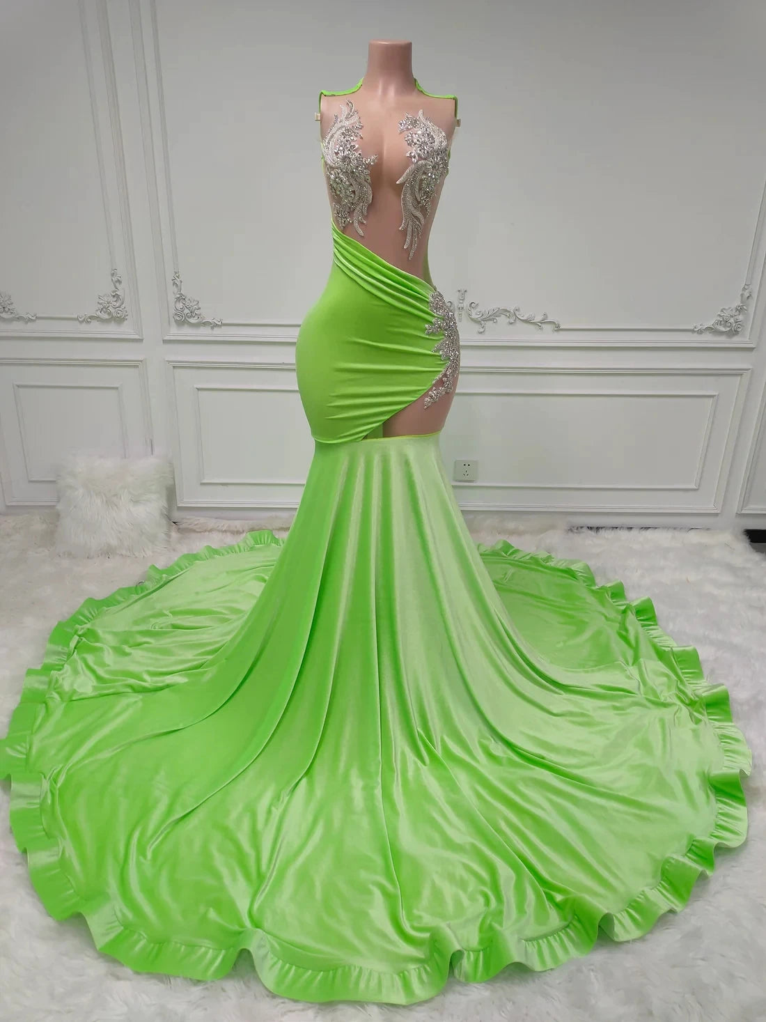 Neon Green Gown With Lace Appliqu Detailing