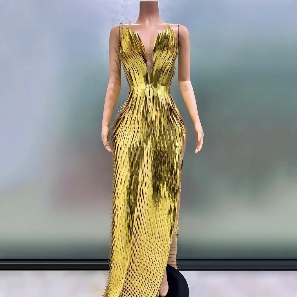 Gold Metallic Sleeveless Plunge Neck Evening Gown on Luulla