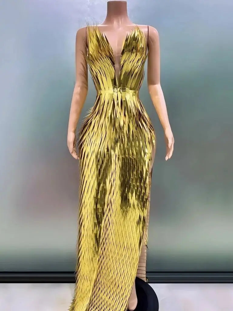 Gold Metallic Sleeveless Plunge Neck Evening Gown on Luulla