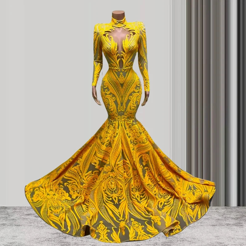 Ornate Yellow Long-sleeve Mermaid Evening Gown on Luulla