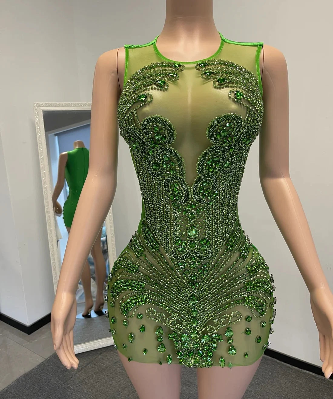 Green Beaded Sheer Mini Dress With Embellishments on Luulla