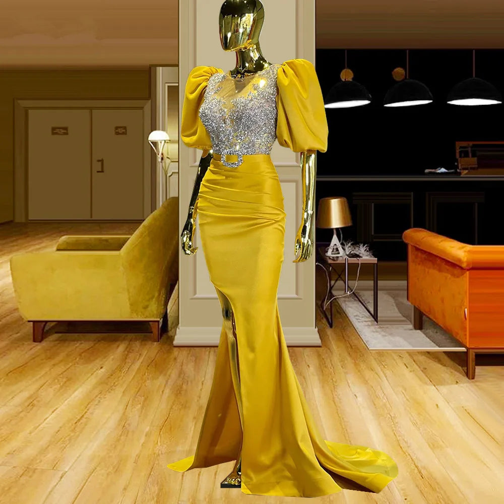 Glamorous Gold Gown With Puff Sleeves And Sequins on Luulla
