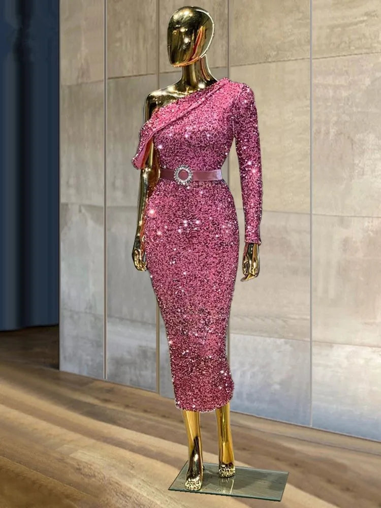 Sparkling Pink One-shoulder Glitter Party Dress on Luulla