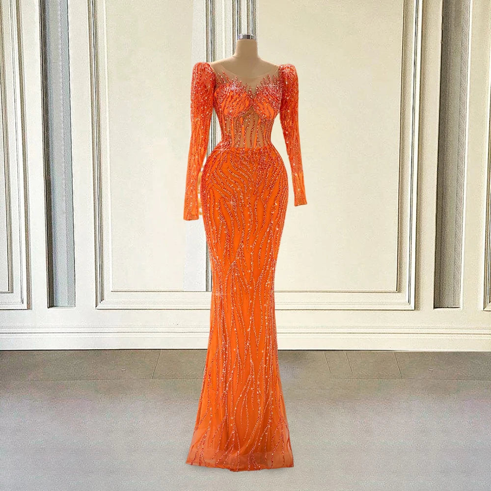 Sparkling Orange Sheer-back Evening Gown With Sleeves on Luulla