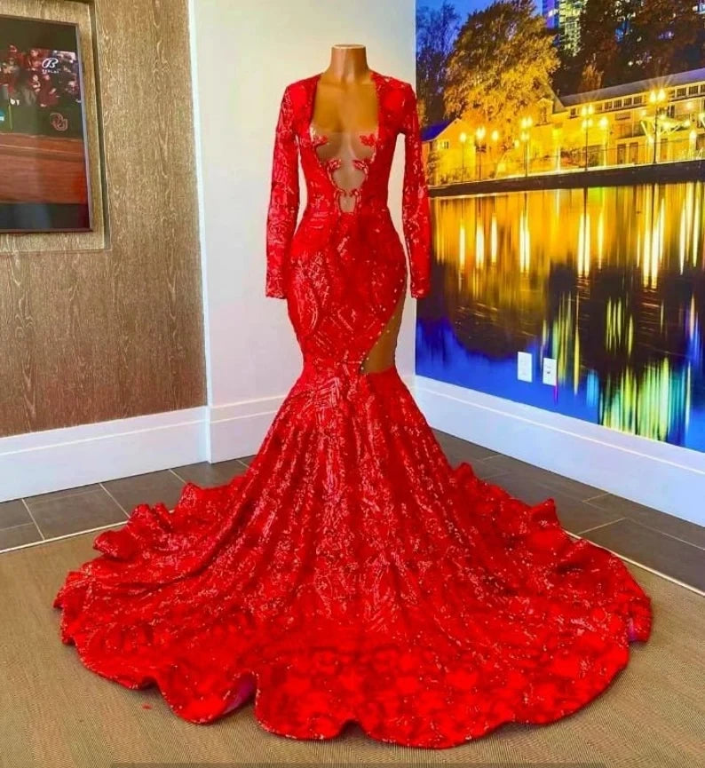 Red Long-Sleeve Lace Gown with Dramatic Train