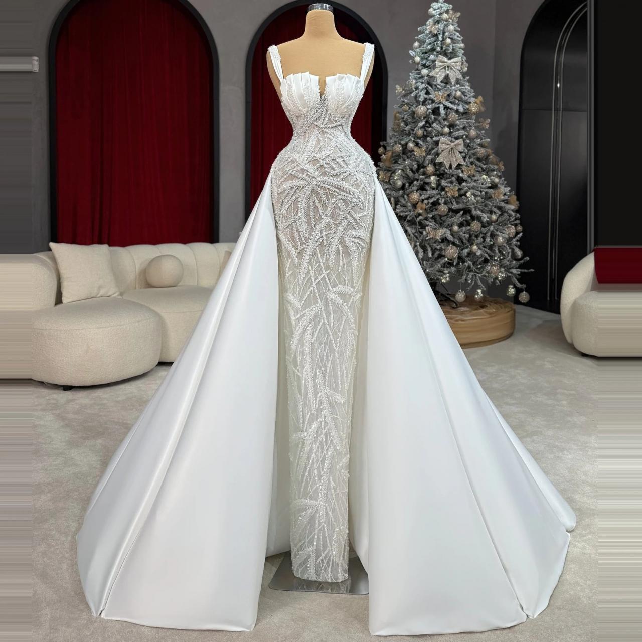 Crystal Embellished White Gown With Detachable Train