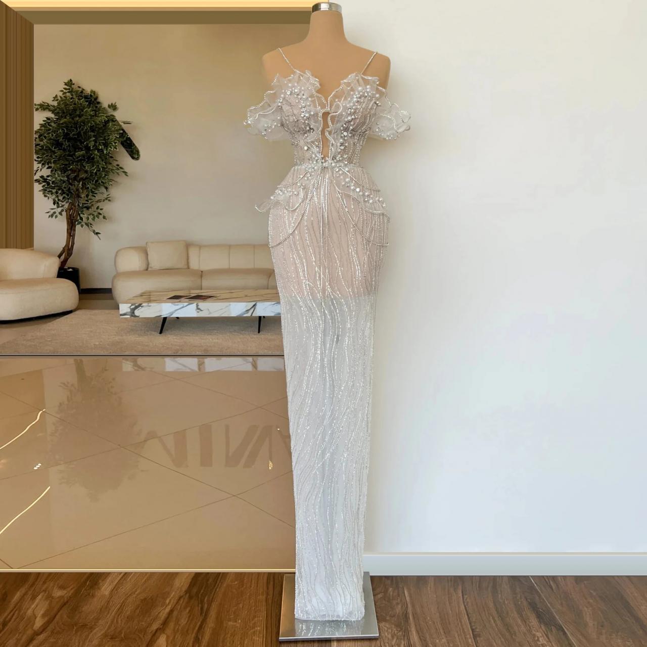 Off-shoulder Beaded Sheer Backless Evening Gown on Luulla