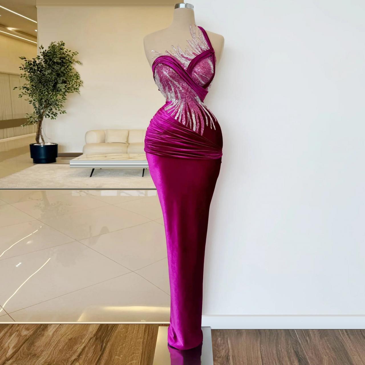 Magenta Satin Gown With Sequined Asymmetrical Design on Luulla