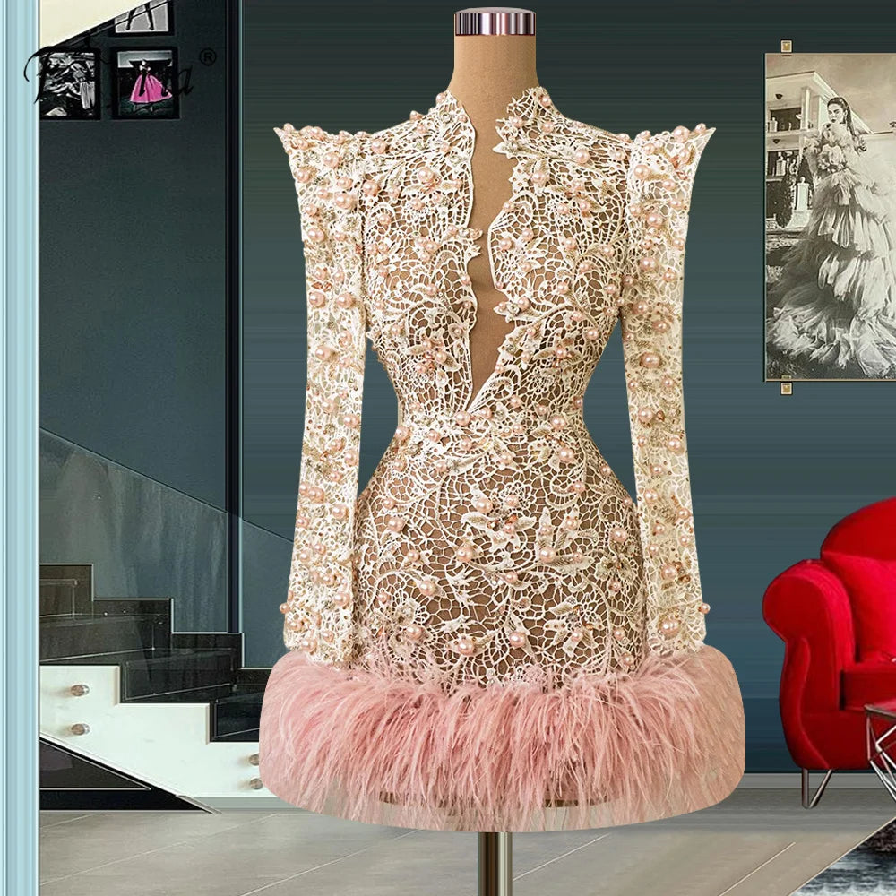 Intricate Lace Dress With Pearl And Feather Details