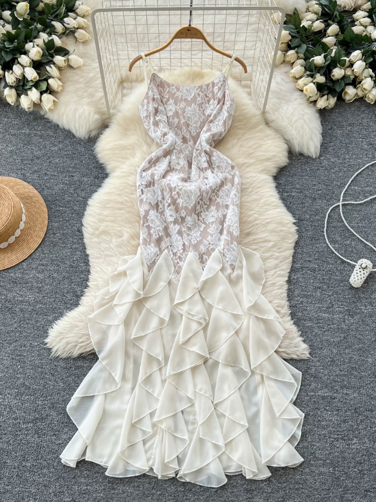 lace splicing dress Lace Splicing Jersey Frill Maxi Dress JardinVue