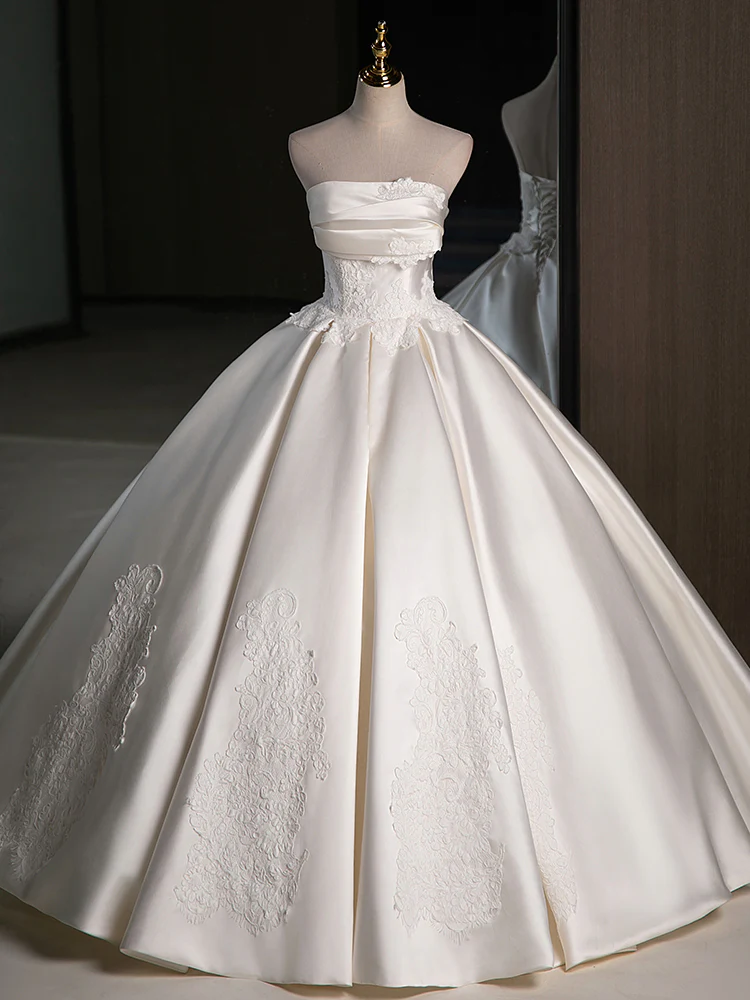 A-line Satin Lace Ivory Long Wedding Dress, Lace Wedding Party Dress