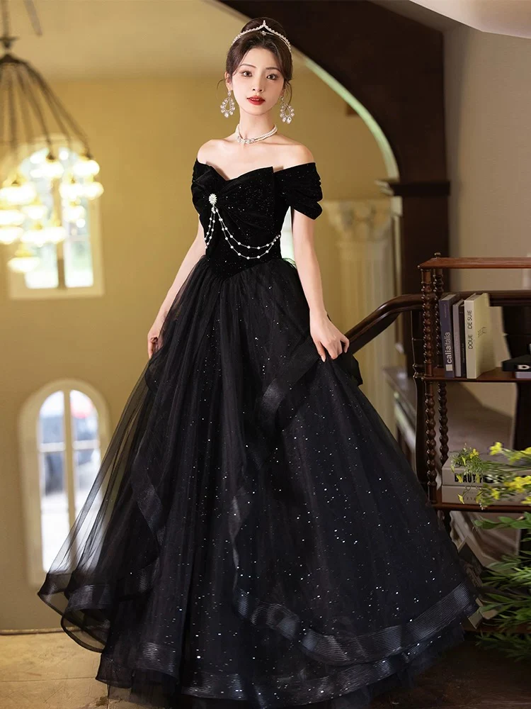 A-line Off Shoulder Tulle Velvet Black Long Prom Dress, Black Evening Dress on Luulla