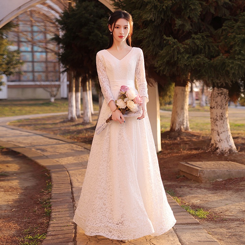 Light V-neck Wedding Dress Temperament Long Sleeve Fairy Simple Lace Dress