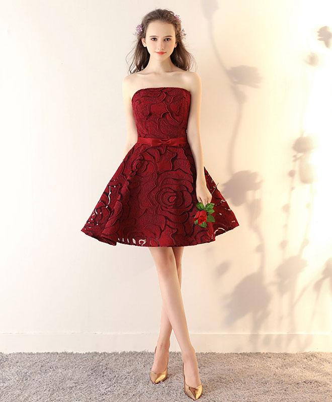Cute Burgundy Homecoming Dress Rose Lace Jacquard Dress Strapless Party Dress