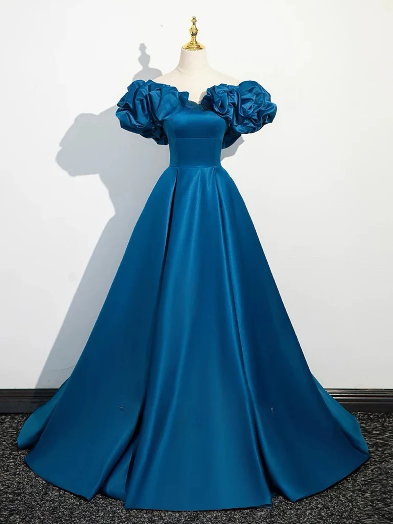 blue off the shoulder puff sleeve dress Jovani 08361 Mother of the Bride Off Shoulder Puff Sleeve Dress