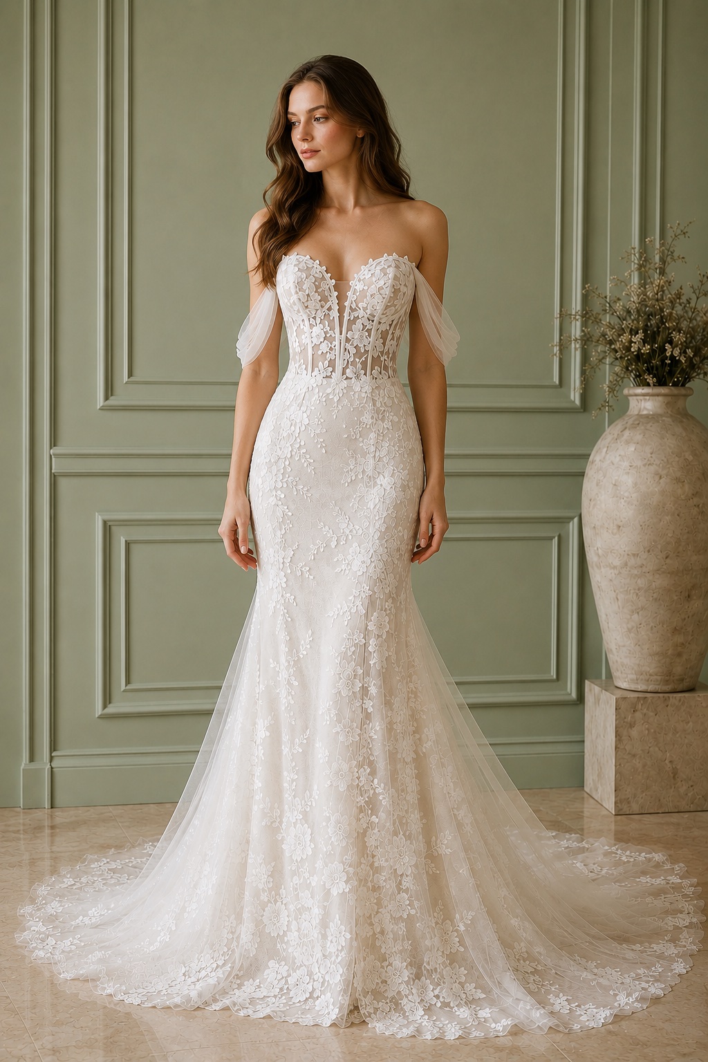 Ivory White Floral Lace Mermaid Wedding Dress With Sweetheart Corset Bodice And Sheer Off Shoulder S on Luulla