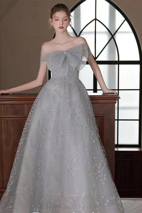 Unique, grey evening dress, beaded super fairy dress, luxury bow party dress, off shoulder bridal gown,handmade,JB0006