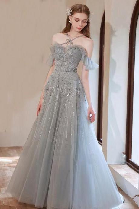Blue Beaded Prom Gown, Fairy Party Dress , Halter Neck Bridal Gown,handmade