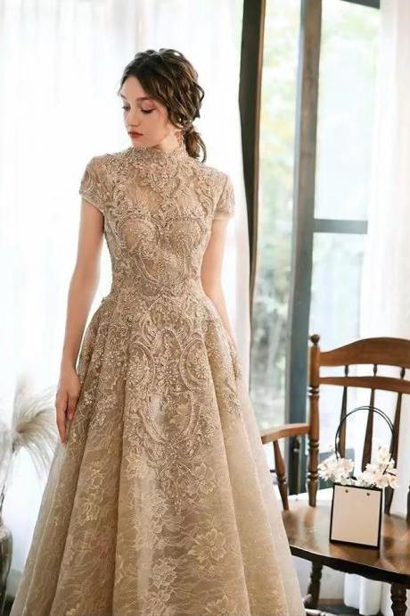 Champagne wedding dress, heavy bead prom dress, stand collar, lace luxury dress,handmadeJB0008