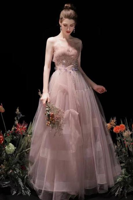 Pink Star Party Dress, Strapless Beaded Prom Dress, Cute Bridesmaid Dress ,handmade