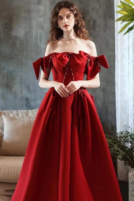 Burgundy Prom Gown, Cute Off Shoulder Bridal Gown,handmade