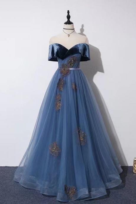 Dream Sky Grey Blue Prom Gown, Off-the-shoulder Evening Gown,handmade