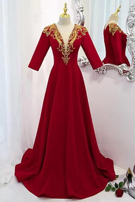 Hot, sexy, deep V-neck midsleeve evening dress, red formal dress with bead ,handmade