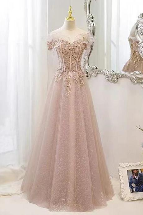 Off Shoulder Pink Evening Dress, Beaded Luxury Party Dress, Fairy Dress ,handmade
