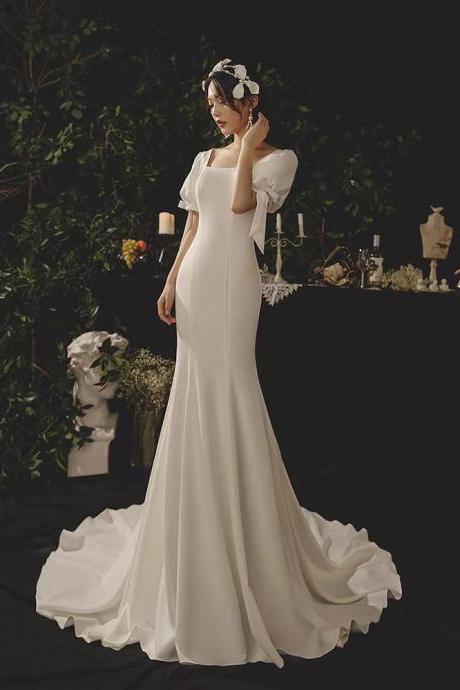 Bubble Sleeve Mermadi Light Wedding Dress, Simple, Fairy Dream Wedding Dress, Temperament Trailing Dress,handmade