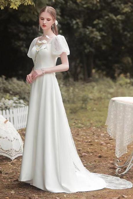 Satin, Simple White Dress, Outdoor Wedding Dress,handmade