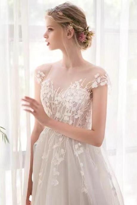 Cap sleeve light wedding dress, new bridal dress,temperament outdoor wedding dress,handmade