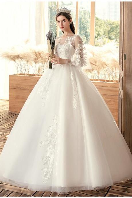 New , princess wedding gown, mid sleeve wedding dress, white wedding dress,handmade