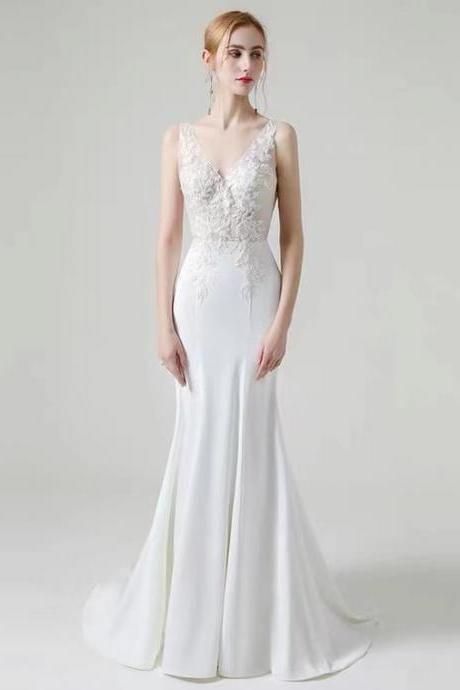 V neck wedding dress, mermaid light wedding dress, white trailing bridal dress,handmade,JB0042