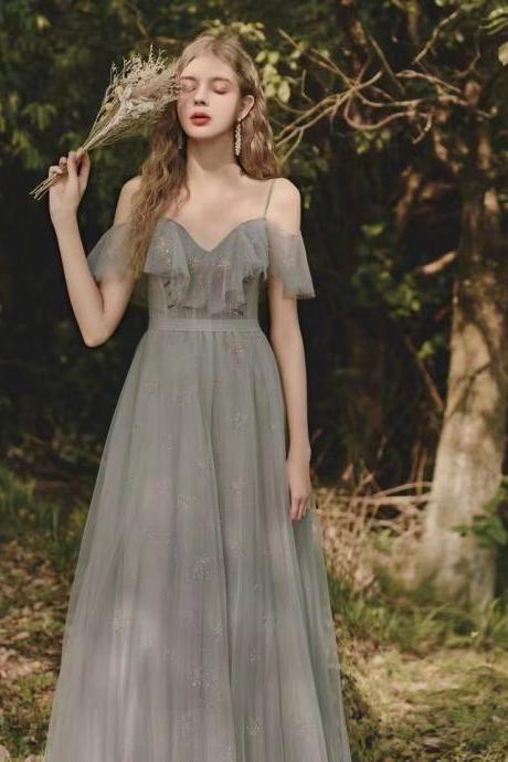 Gray bridesmaid dress, fairy prom dress, spaghetti strap party dress,handmade,JB0047