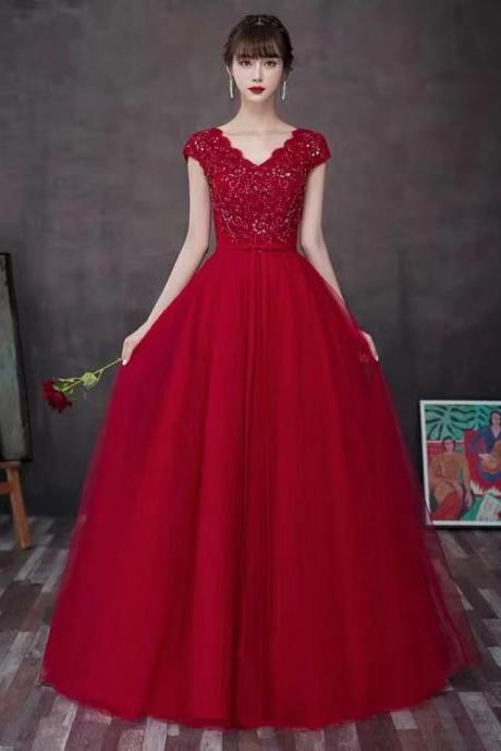 V-neck party dress,cap sleeve prom dress,red formal dress,handmade
