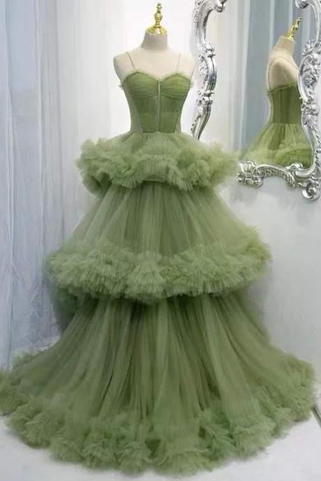 Strap evening dress, luxury, fairy, socialite, temperament, long green party dress, high qulaity elegant dress,handmade,JB0056