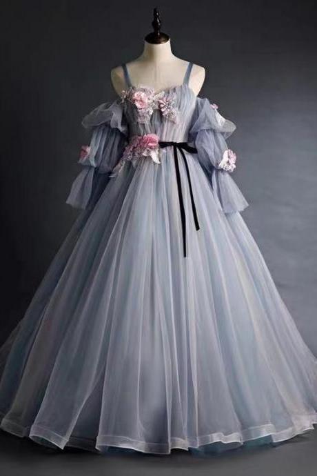 Long sleeve ball gown, temperament spaghetti strap prom dress, lantern sleeve bridal dress,handmade