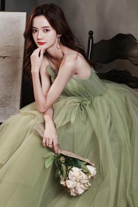 Green party dress, temperament light luxury dress, strap travel wedding dress,handmade