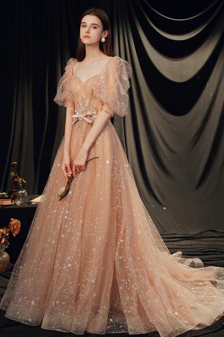 Bubble-bubble Sleeve Bridal Gown, Champagne Star Fairy Long Prom Dress,handmade