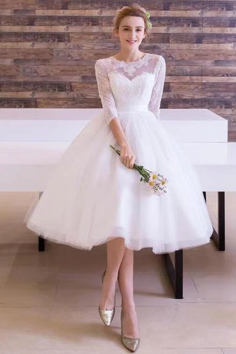 Long-sleeve Wedding Dress, White Bridesmaid Dress, Graduation Midi Dress,handmade
