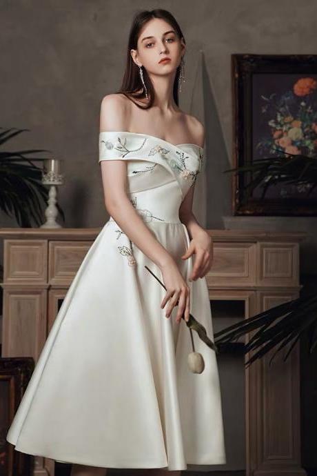 Off Shoulder Satin Light Wedding Gown, Embroidered Homecoming Dress,handmade
