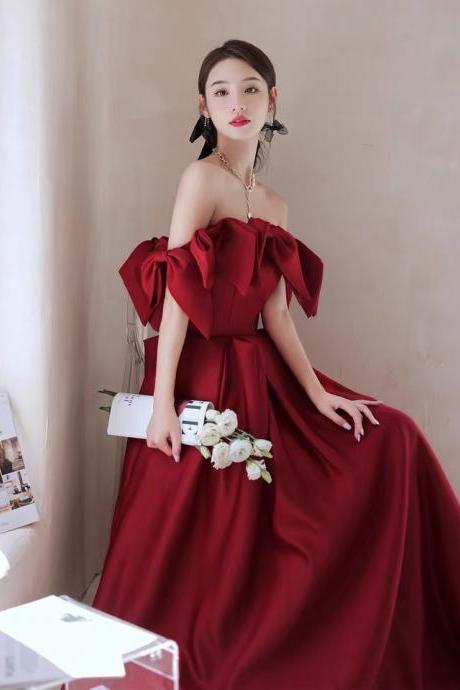 Off shoulder evening dress, satin burgundy prom dress, temperament charming party dress,handmade,JB0072