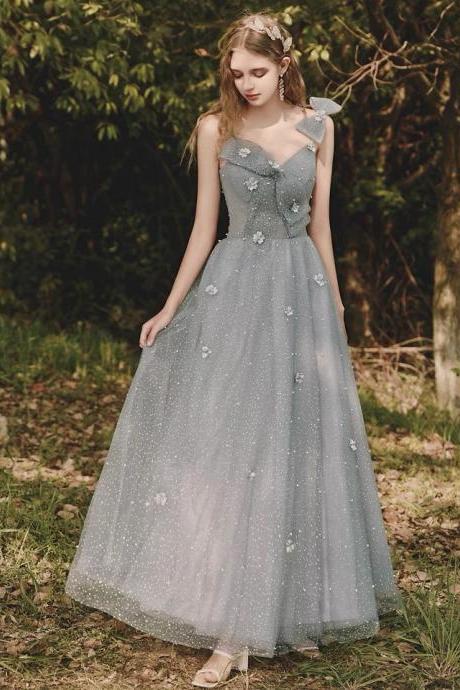 Spaghetti strap prom dress, grey evening dress, temperament bridesmaid dress fairy dress,,handmade,JB0074