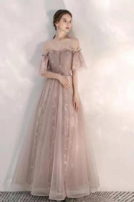 Fairy Pink Dress, Off-the-shoulder Bridesmaid Dress, Elegant Party Dress,handmade