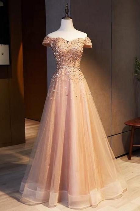 Pink Sequin Prom Dress, Off-the-shoulder Tulle Evening Dress,handmade