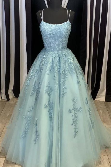 Blue Tulle Lace Applique Dress, Long Ball Gown Dress Formal Dress,spaghetti Strap Prom Dress,handmade