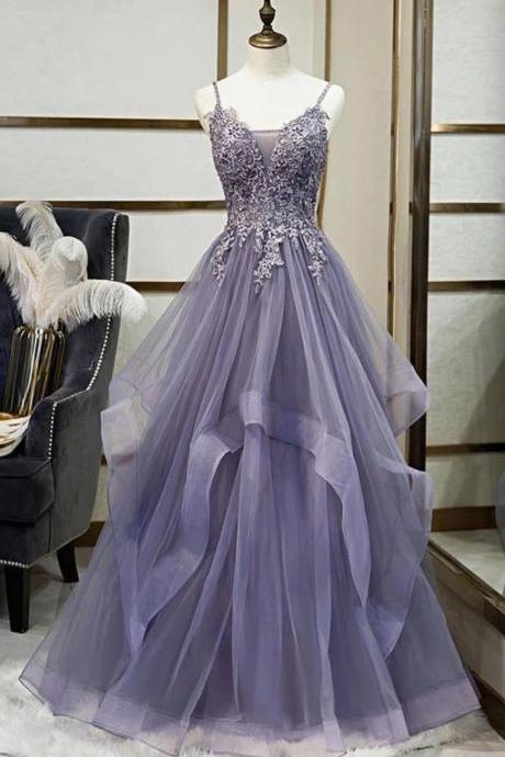 Purple Tulle A-line Party Dress, V-neck Spaghetti Straps Prom Dress With Lace Appliquess,handmade