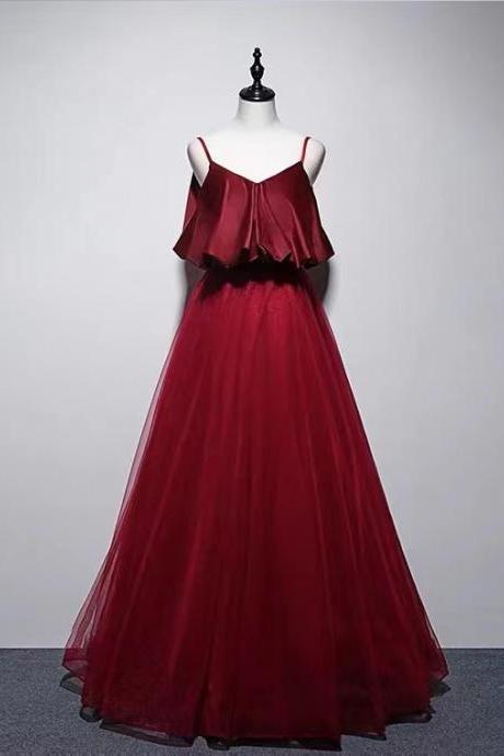 Spaghetti Strap Red Prom Dress, Flounces Collar, Stylish Evening Dress,high Waist Party Gown,handmade