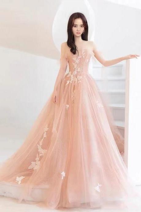 Strapless Prom Dress,fairy Party Dress,dream Evening Dress With Applique,handmade
